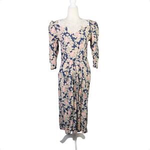 Vintage 80s E.D. Michaels Navy Blue and Cream Floral Lace Collar Midi Dress 6